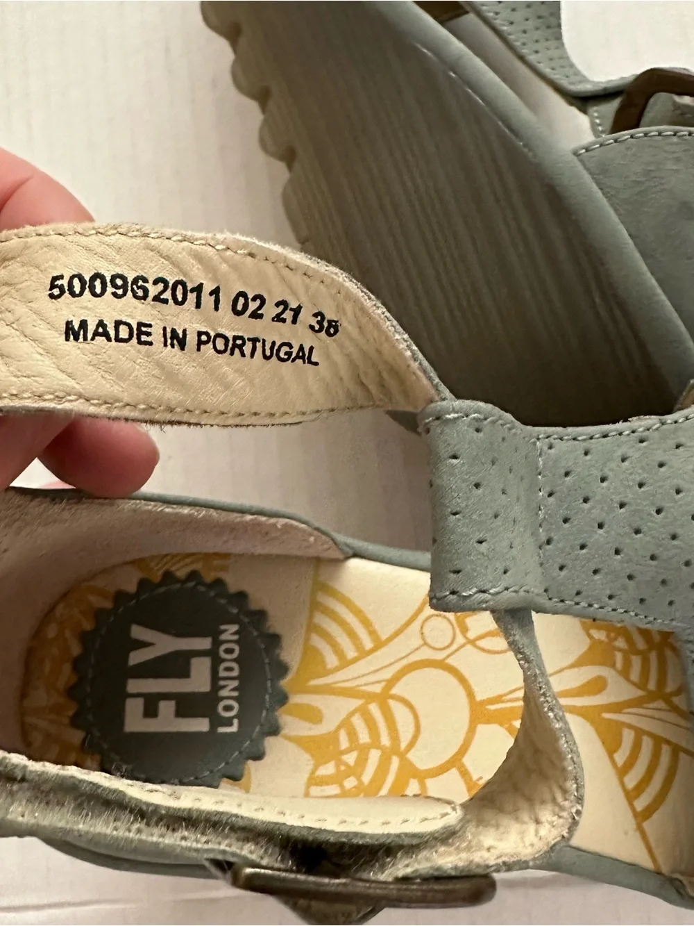 Fly London Yall Cupido Perforated Peep Toe Cut Out Wedge Heel 38 Pale Blue NEW